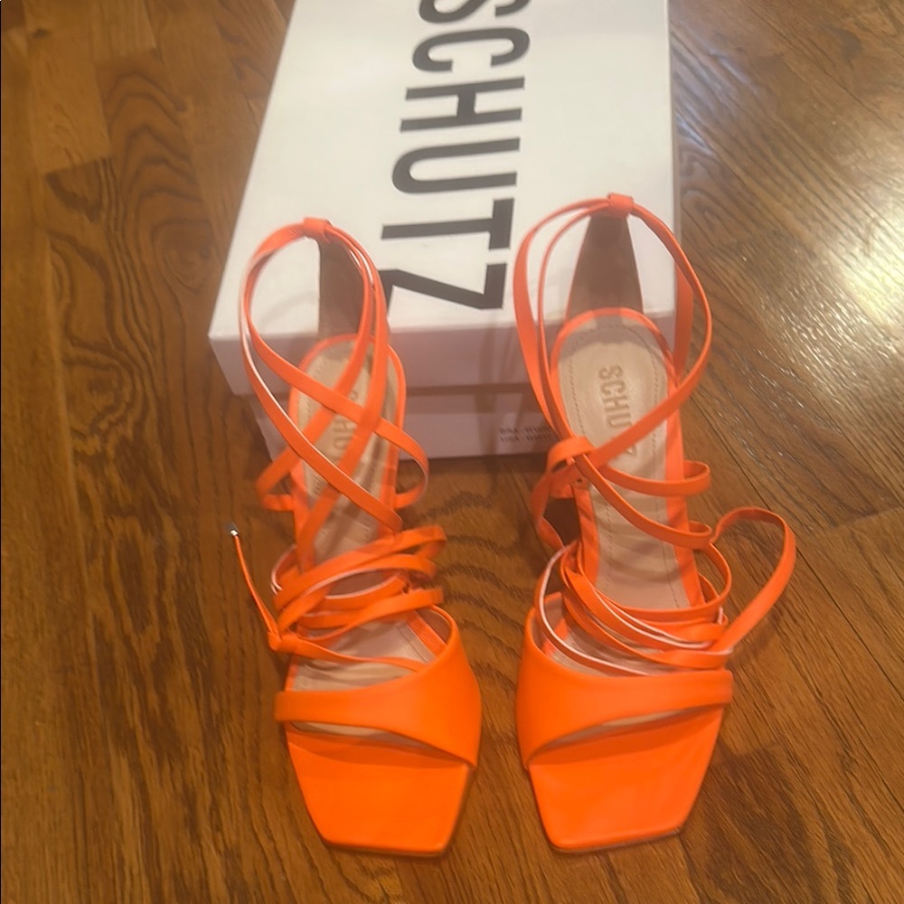 SCHUTZ Neon Orange Strappy Lace-Up Heels